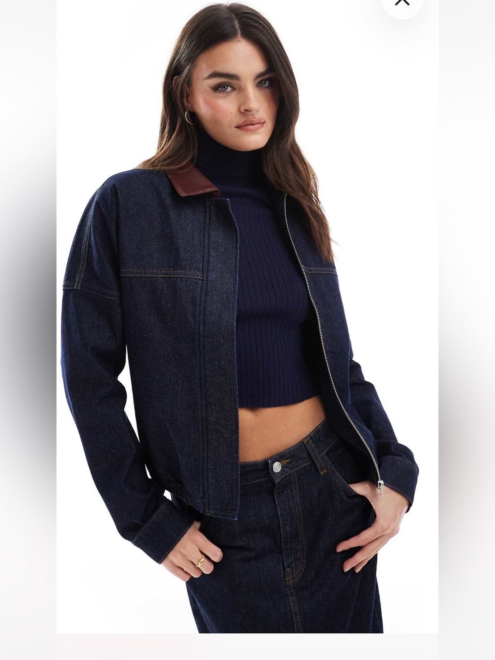 ASOS Dark Indigo Denim Jean Jacket with Brown Collar
